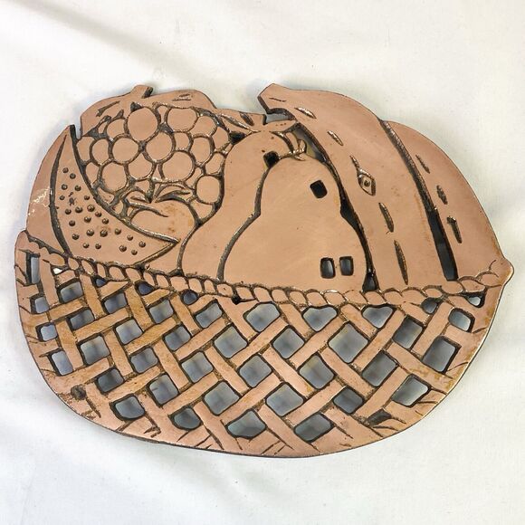 Vtg Lot of 3 Footed Copper Trivets Swan or Goose Teapot Fruit Basket Wall Decor - Picture 2 of 7